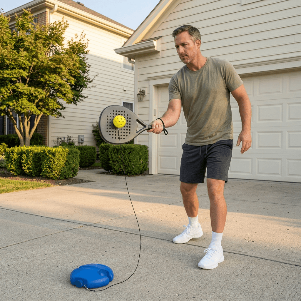 Courtless trainer with its cord and ball