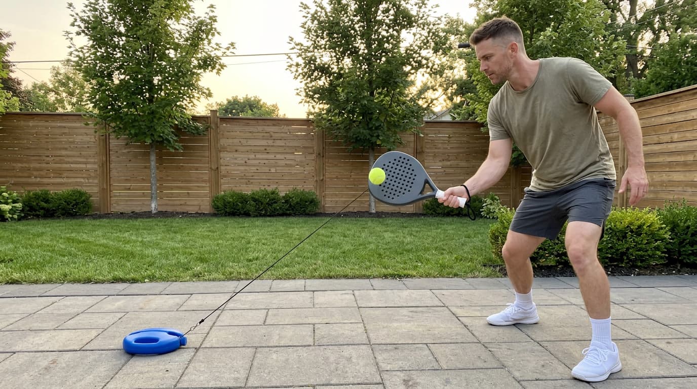 Player hitting a forehand on a backyard patio at golden hour with the Courtless trainer