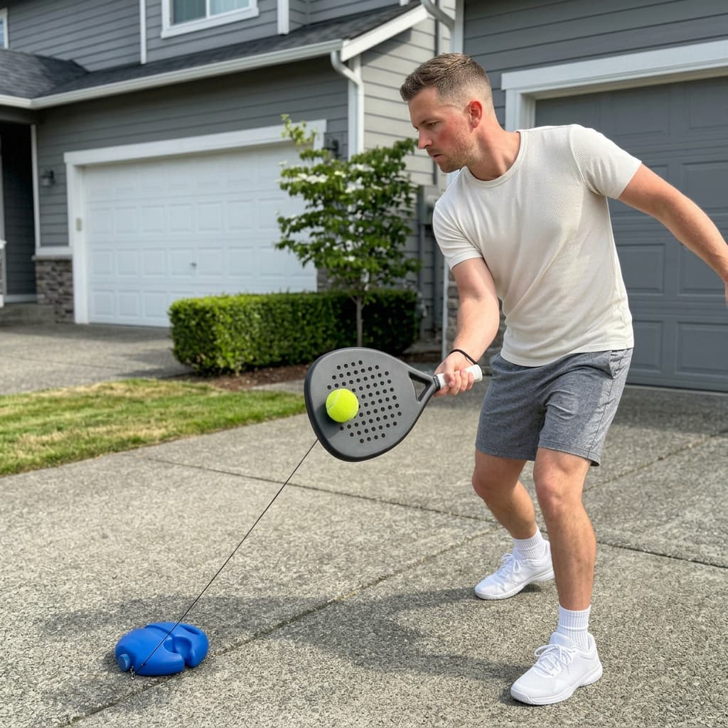 Player hitting the ball with the cord stretched back to the base