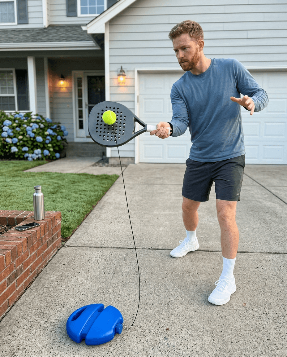 Player practicing alone on a driveway at sunrise