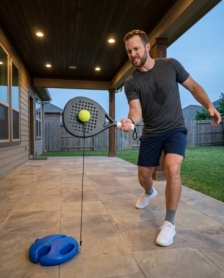 Player repeating a backhand on a patio