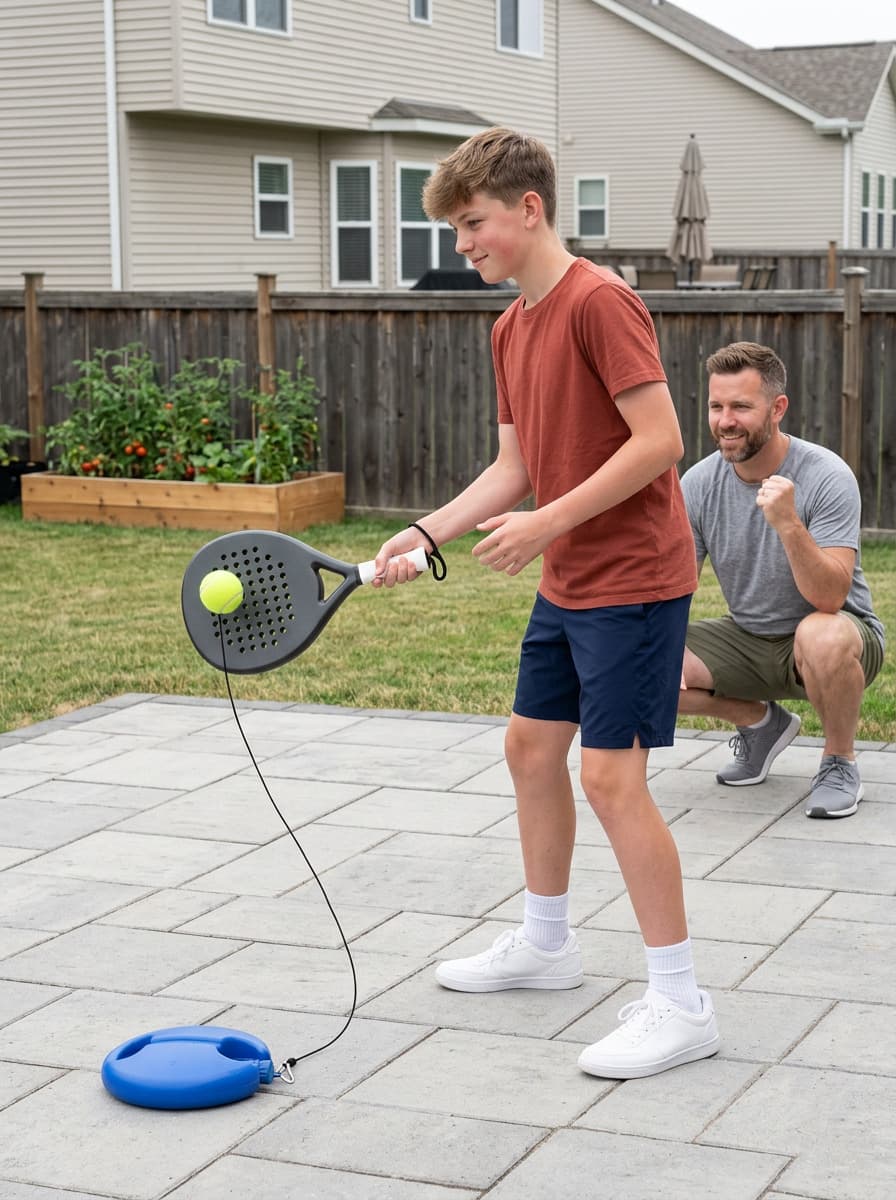 Father and teenage son playing on a backyard patio