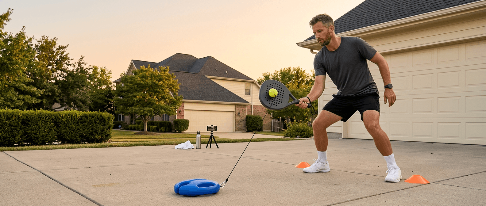 Two players on a driveway at golden hour, each with a trainer